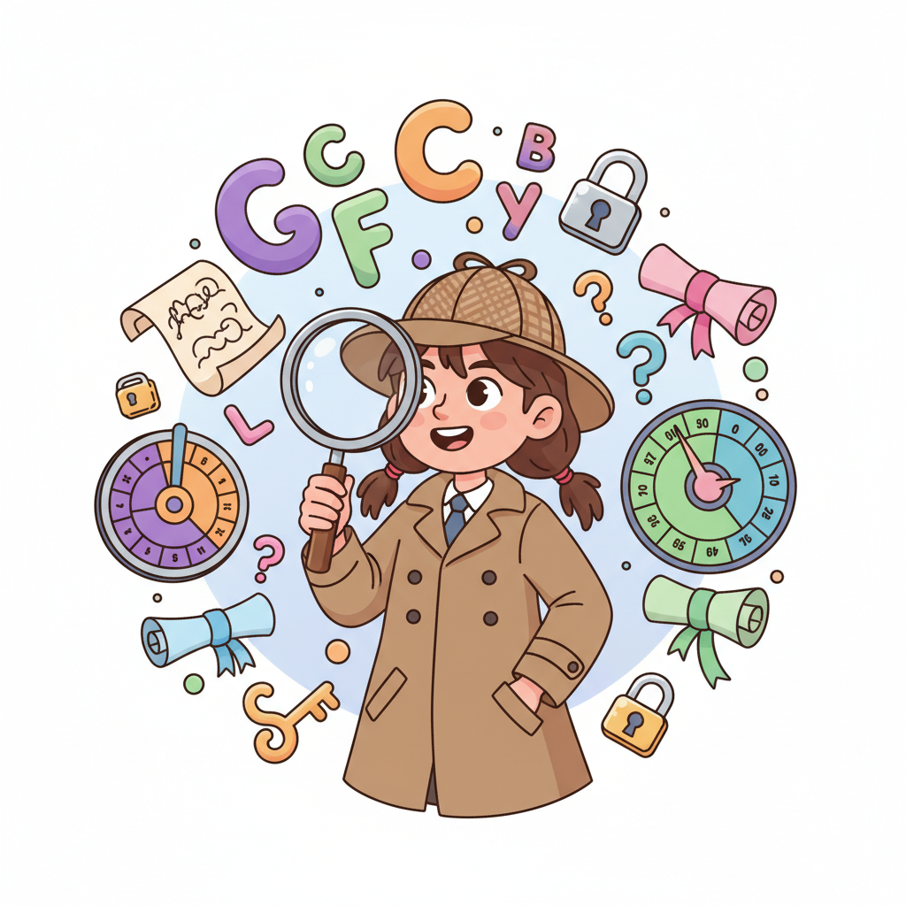 Kleine Detektivin mit Lupe entschlüsselt Geheimcodes